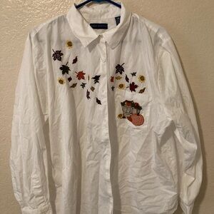 Karen Scott White Button Down Shirt with Fall Embroidery